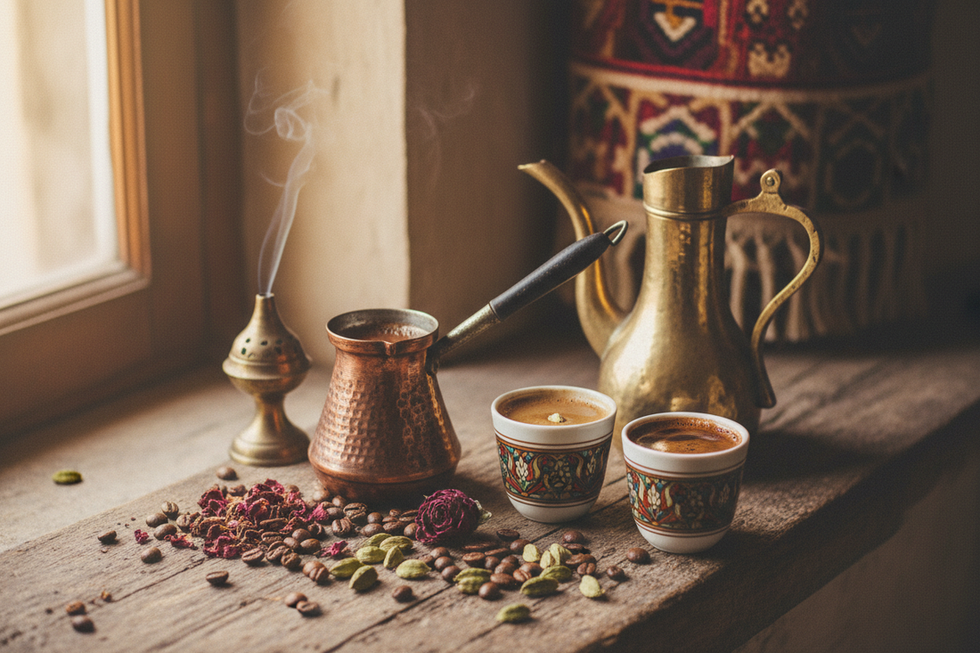 Arabic coffee dallah vs Turkish coffee cezve side by side with cardamom and ornate cups in a traditional home setting