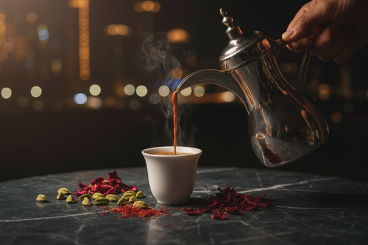 Traditional Emirati gahwa being poured from a golden dallah into a finjan cup with cardamom and saffron on dark marble