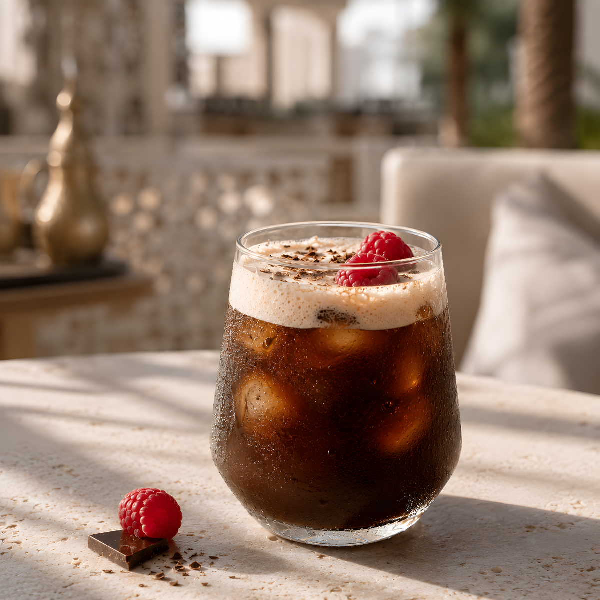 A clear stemless glass filled with a dark iced coffee topped with a thick creamy foam and garnished with a raspberry, set on a sunlit stone table in an outdoor patio setting.